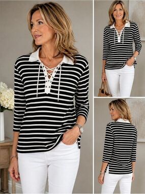 Jones New York Black & White Striped Lace-Up Collared Top Naurical Preppy Large